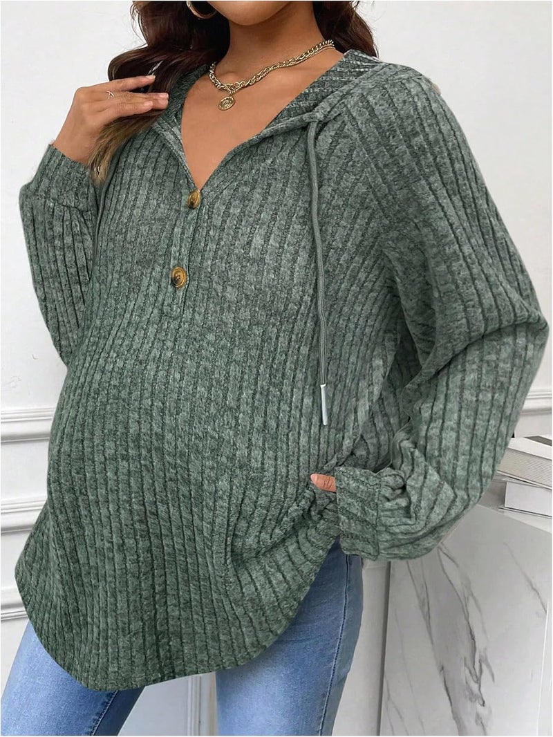 BEAUDRM Store Women's Maternity Half Button Sweatshirts Long Sleeve Ribbed Knit Pregnancy Shirt Spring Clothes Olive Green X-Large - Image 3